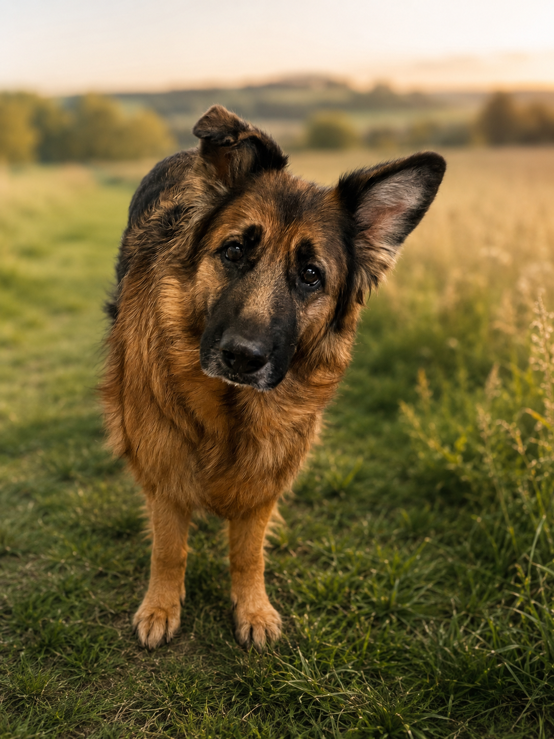 German Shepherd standing in a sunlit grassy field at golden hour