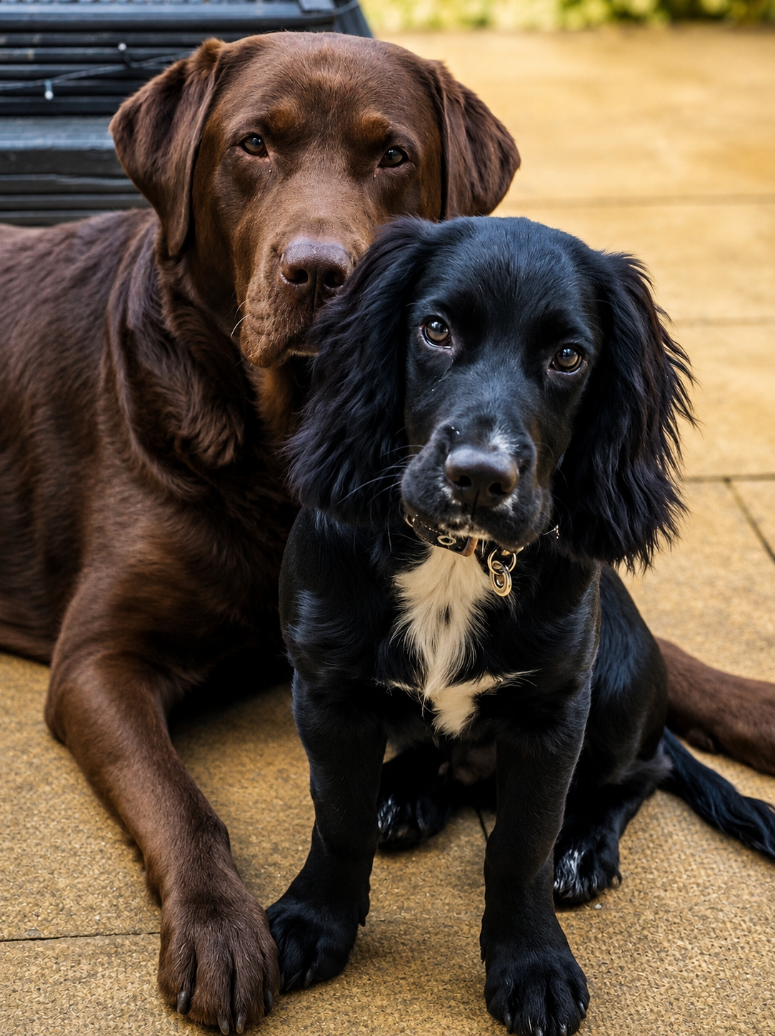 Two dogs, a chocolate Labrador and a black spaniel, sitting together on a paved patio